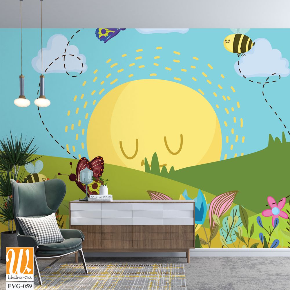 Cute cartoon sun with clouds, butterflies above flowers [WP-FVG-059]