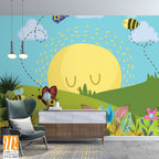 Cute cartoon sun with clouds, butterflies above flowers [WP-FVG-059]
