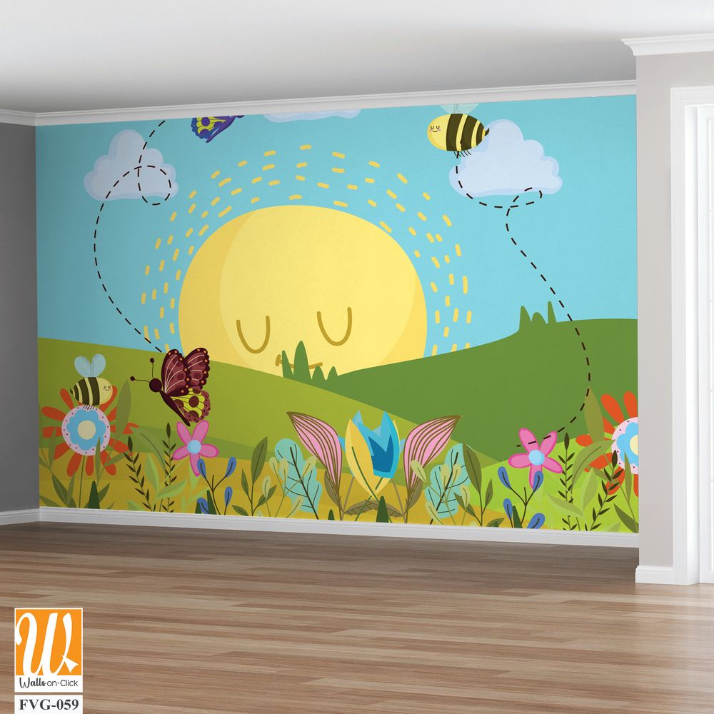 Cute cartoon sun with clouds, butterflies above flowers [WP-FVG-059]