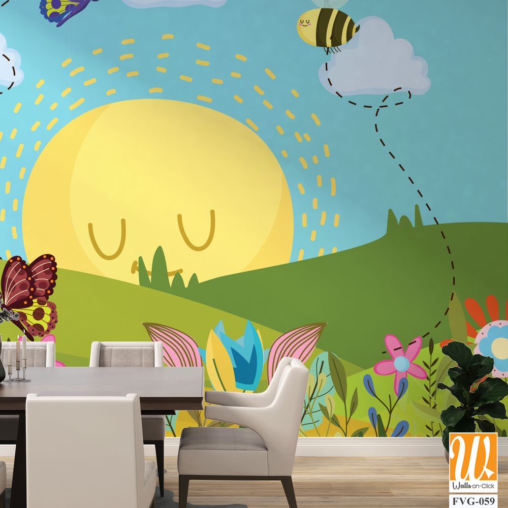 Cute cartoon sun with clouds, butterflies above flowers [WP-FVG-059]
