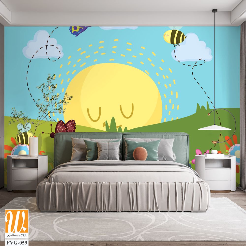 Cute cartoon sun with clouds, butterflies above flowers [WP-FVG-059]