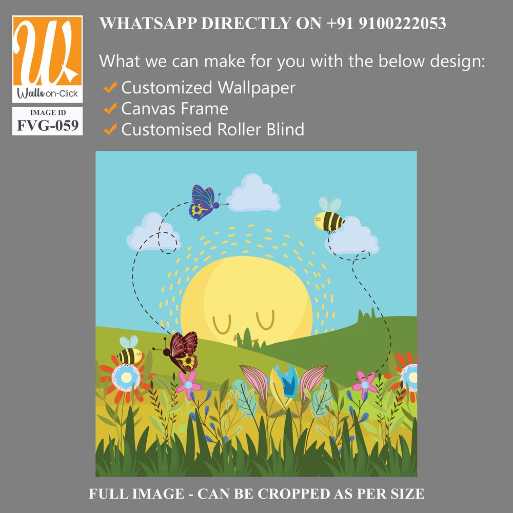 Cute cartoon sun with clouds, butterflies above flowers [WP-FVG-059]