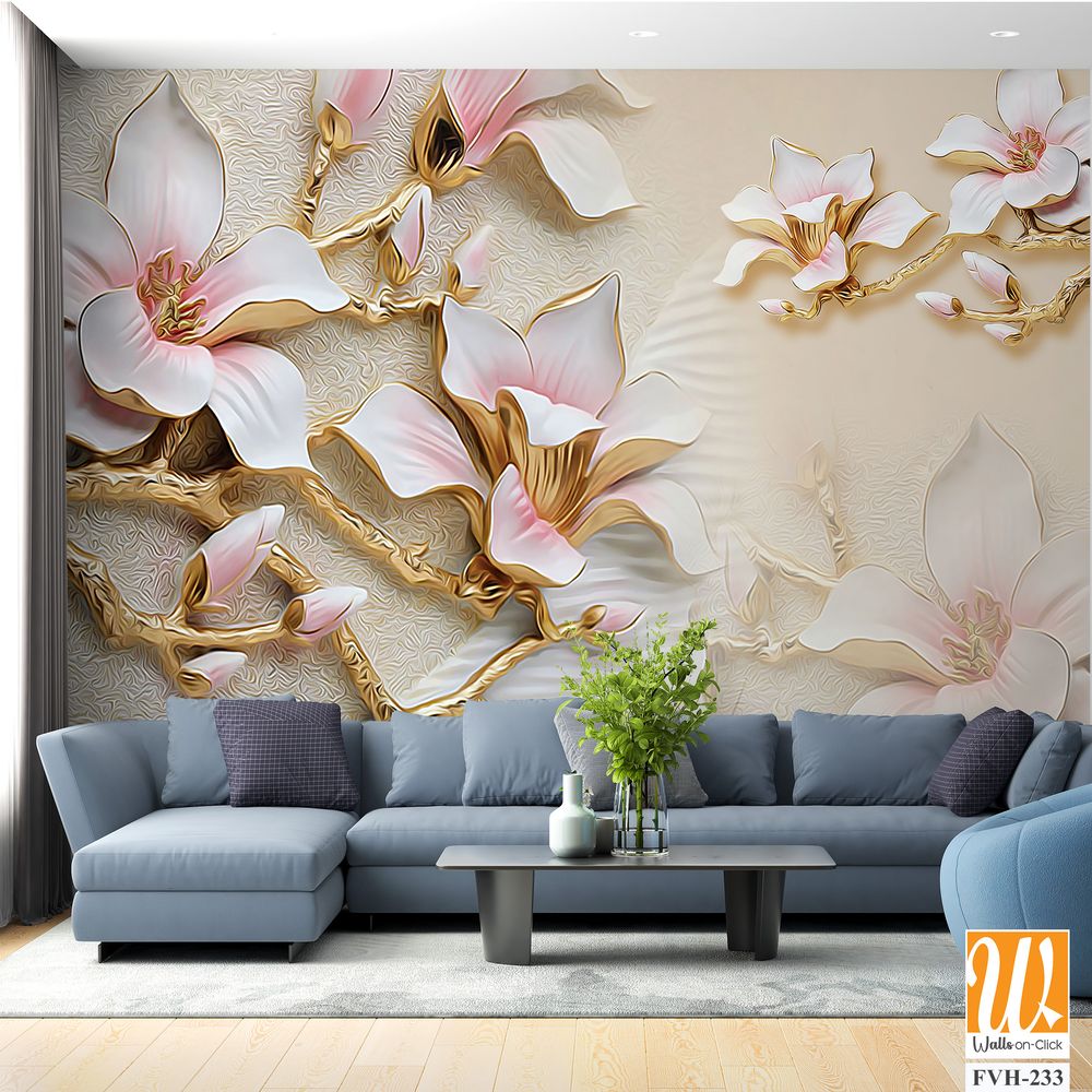 3D textured wallpaper with magnolia flowers and branches [WP-FVH-233]
