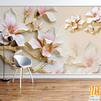 3D textured wallpaper with magnolia flowers and branches [WP-FVH-233]