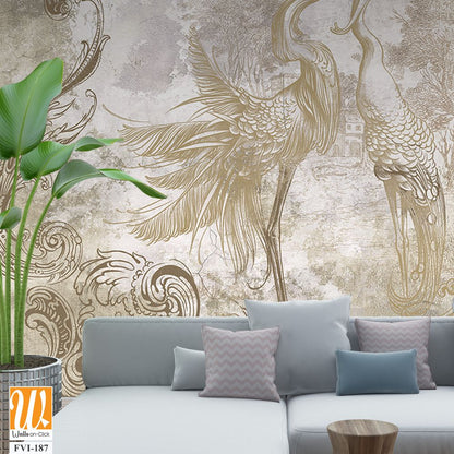 Wall mural, wallpaper, in the style of loft, classic, baroque, modern, rococo. Wall mural with graphic birds and patterns on concrete grunge background. Light, delicate photo wallpaper design. [WP-FVI-187]
