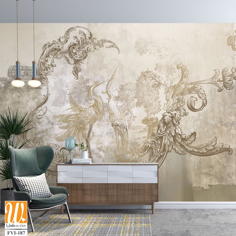 Wall mural, wallpaper, in the style of loft, classic, baroque, modern, rococo. Wall mural with graphic birds and patterns on concrete grunge background. Light, delicate photo wallpaper design. [WP-FVI-187]