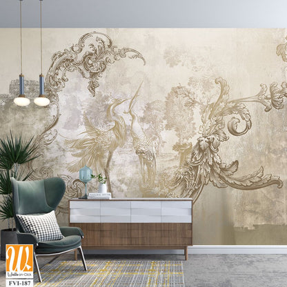 Wall mural, wallpaper, in the style of loft, classic, baroque, modern, rococo. Wall mural with graphic birds and patterns on concrete grunge background. Light, delicate photo wallpaper design. [WP-FVI-187]