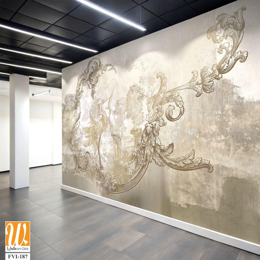 Wall mural, wallpaper, in the style of loft, classic, baroque, modern, rococo. Wall mural with graphic birds and patterns on concrete grunge background. Light, delicate photo wallpaper design. [WP-FVI-187]