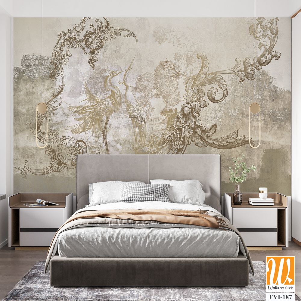Wall mural, wallpaper, in the style of loft, classic, baroque, modern, rococo. Wall mural with graphic birds and patterns on concrete grunge background. Light, delicate photo wallpaper design. [WP-FVI-187]