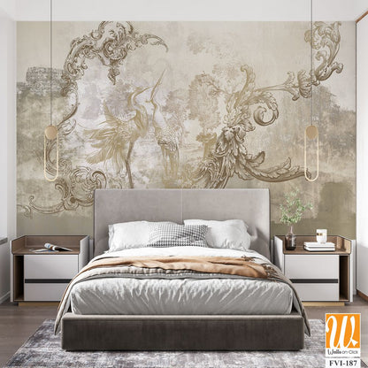Wall mural, wallpaper, in the style of loft, classic, baroque, modern, rococo. Wall mural with graphic birds and patterns on concrete grunge background. Light, delicate photo wallpaper design. [WP-FVI-187]