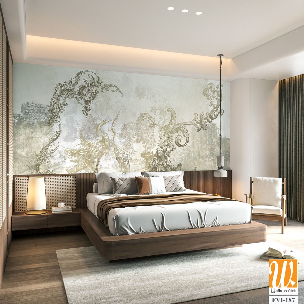 Wall mural, wallpaper, in the style of loft, classic, baroque, modern, rococo. Wall mural with graphic birds and patterns on concrete grunge background. Light, delicate photo wallpaper design. [WP-FVI-187]