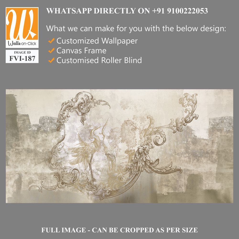 Wall mural, wallpaper, in the style of loft, classic, baroque, modern, rococo. Wall mural with graphic birds and patterns on concrete grunge background. Light, delicate photo wallpaper design. [WP-FVI-187]