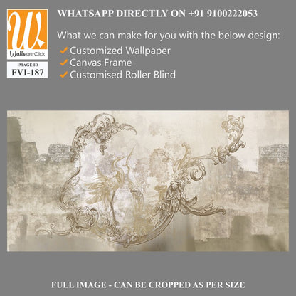 Wall mural, wallpaper, in the style of loft, classic, baroque, modern, rococo. Wall mural with graphic birds and patterns on concrete grunge background. Light, delicate photo wallpaper design. [WP-FVI-187]