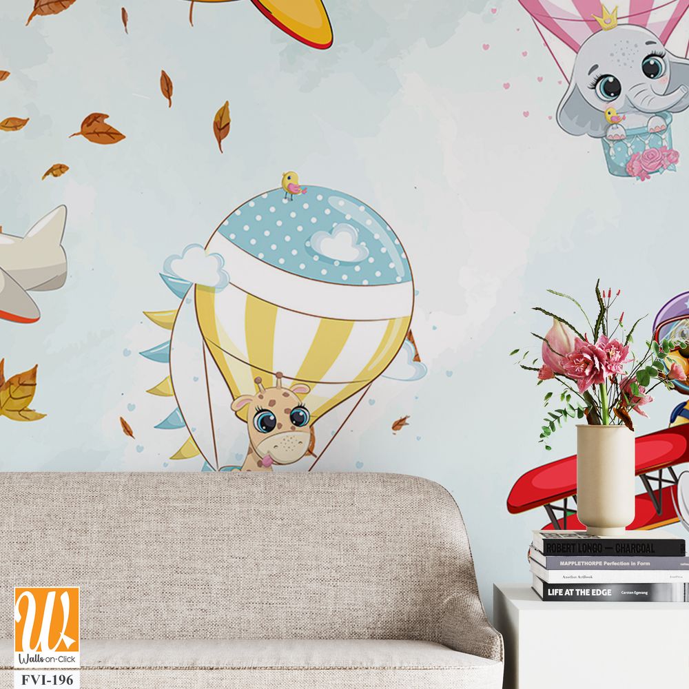Cartoon animals in hot air balloons floating over the city [WP-FVI-196]