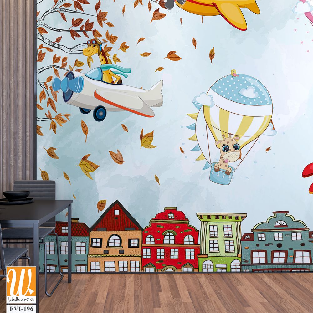 Cartoon animals in hot air balloons floating over the city [WP-FVI-196]