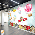 Cartoon animals in hot air balloons floating over the city [WP-FVI-196]