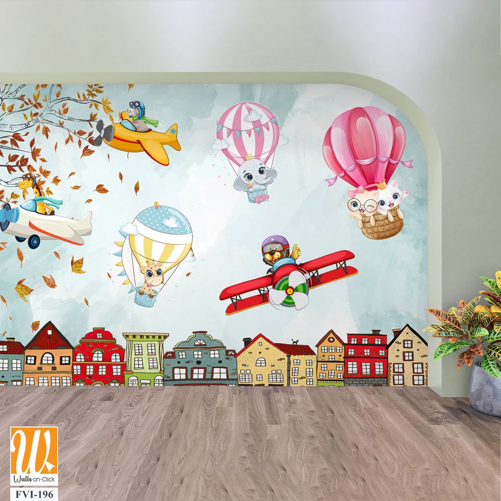 Cartoon animals in hot air balloons floating over the city [WP-FVI-196]