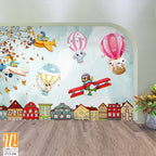 Cartoon animals in hot air balloons floating over the city [WP-FVI-196]