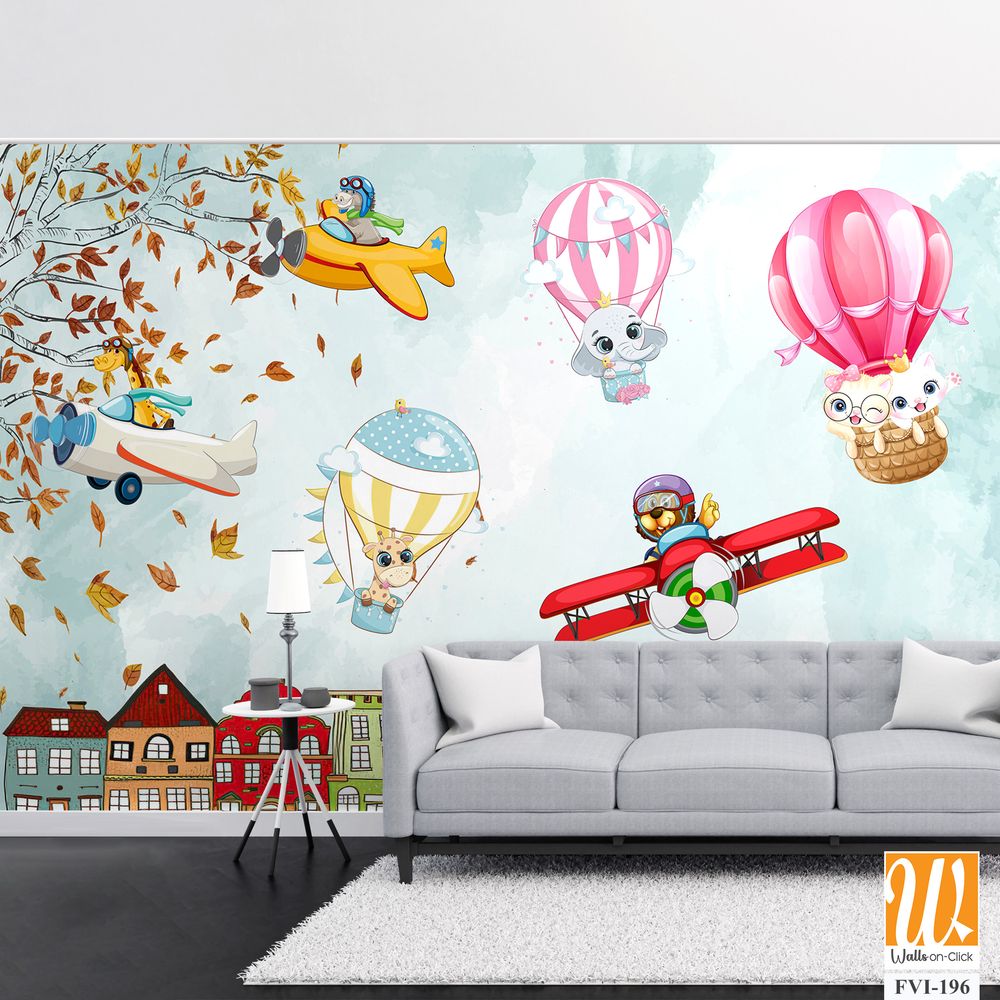 Cartoon animals in hot air balloons floating over the city [WP-FVI-196]