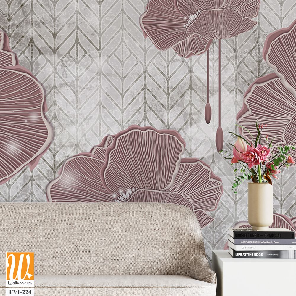 Graphic art poppies, drawing with poppies, photo wallpaper in the room, drawing in the interior of the house, flowers on a textured background with lazy elements, so the drawing can be used on covers, [WP-FVI-224]