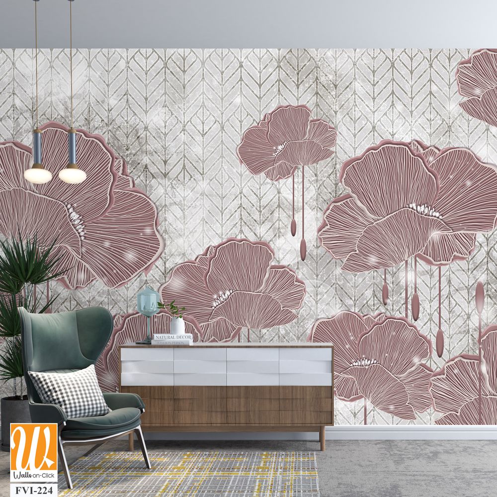 Graphic art poppies, drawing with poppies, photo wallpaper in the room, drawing in the interior of the house, flowers on a textured background with lazy elements, so the drawing can be used on covers, [WP-FVI-224]