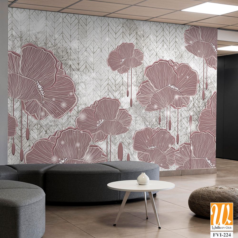 Graphic art poppies, drawing with poppies, photo wallpaper in the room, drawing in the interior of the house, flowers on a textured background with lazy elements, so the drawing can be used on covers, [WP-FVI-224]
