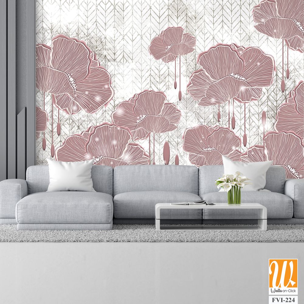 Graphic art poppies, drawing with poppies, photo wallpaper in the room, drawing in the interior of the house, flowers on a textured background with lazy elements, so the drawing can be used on covers, [WP-FVI-224]