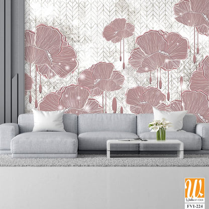 Graphic art poppies, drawing with poppies, photo wallpaper in the room, drawing in the interior of the house, flowers on a textured background with lazy elements, so the drawing can be used on covers, [WP-FVI-224]