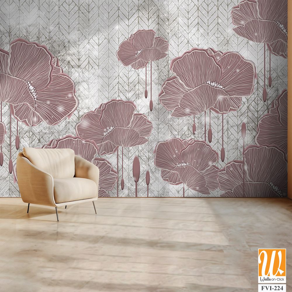 Graphic art poppies, drawing with poppies, photo wallpaper in the room, drawing in the interior of the house, flowers on a textured background with lazy elements, so the drawing can be used on covers, [WP-FVI-224]