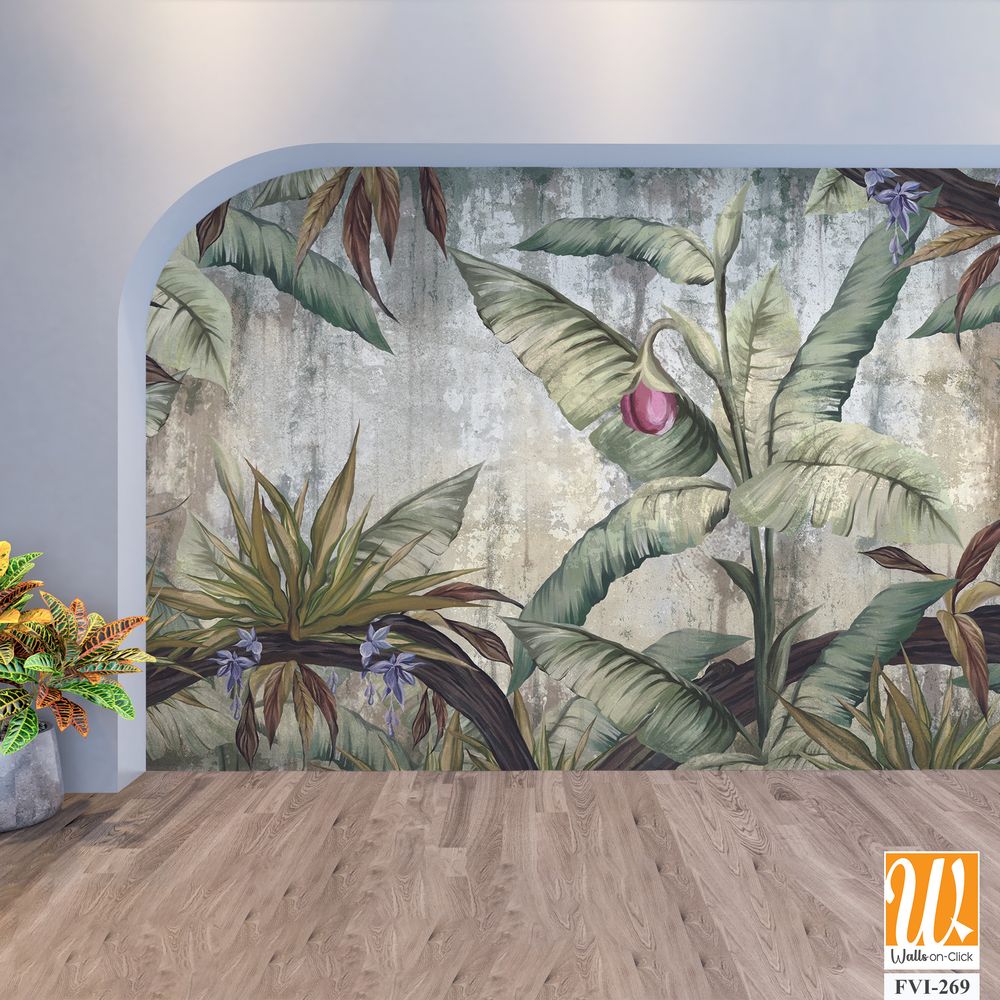 A textured shabby background that depicts the tropics, which depicts leaves, branches, ferns, large branches, winds [WP-FVI-269]