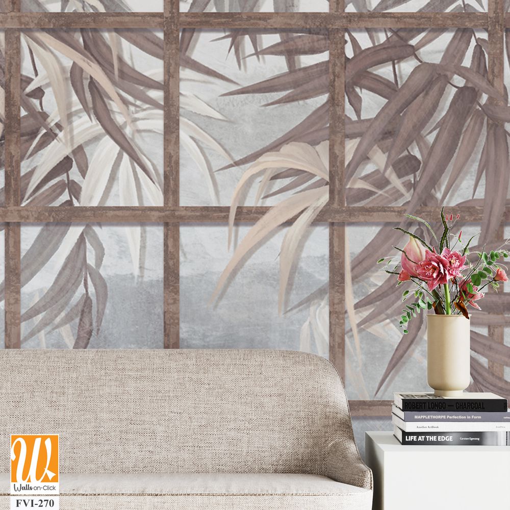 Tropical leaves among wooden old shutters, leaves hang down from top to bottom, photo wallpaper for the interior of a room or institution [WP-FVI-270]