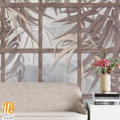 Tropical leaves among wooden old shutters, leaves hang down from top to bottom, photo wallpaper for the interior of a room or institution [WP-FVI-270]