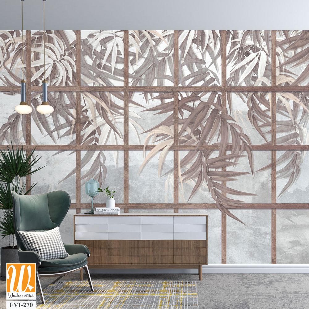 Tropical leaves among wooden old shutters, leaves hang down from top to bottom, photo wallpaper for the interior of a room or institution [WP-FVI-270]