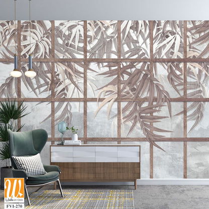 Tropical leaves among wooden old shutters, leaves hang down from top to bottom, photo wallpaper for the interior of a room or institution [WP-FVI-270]