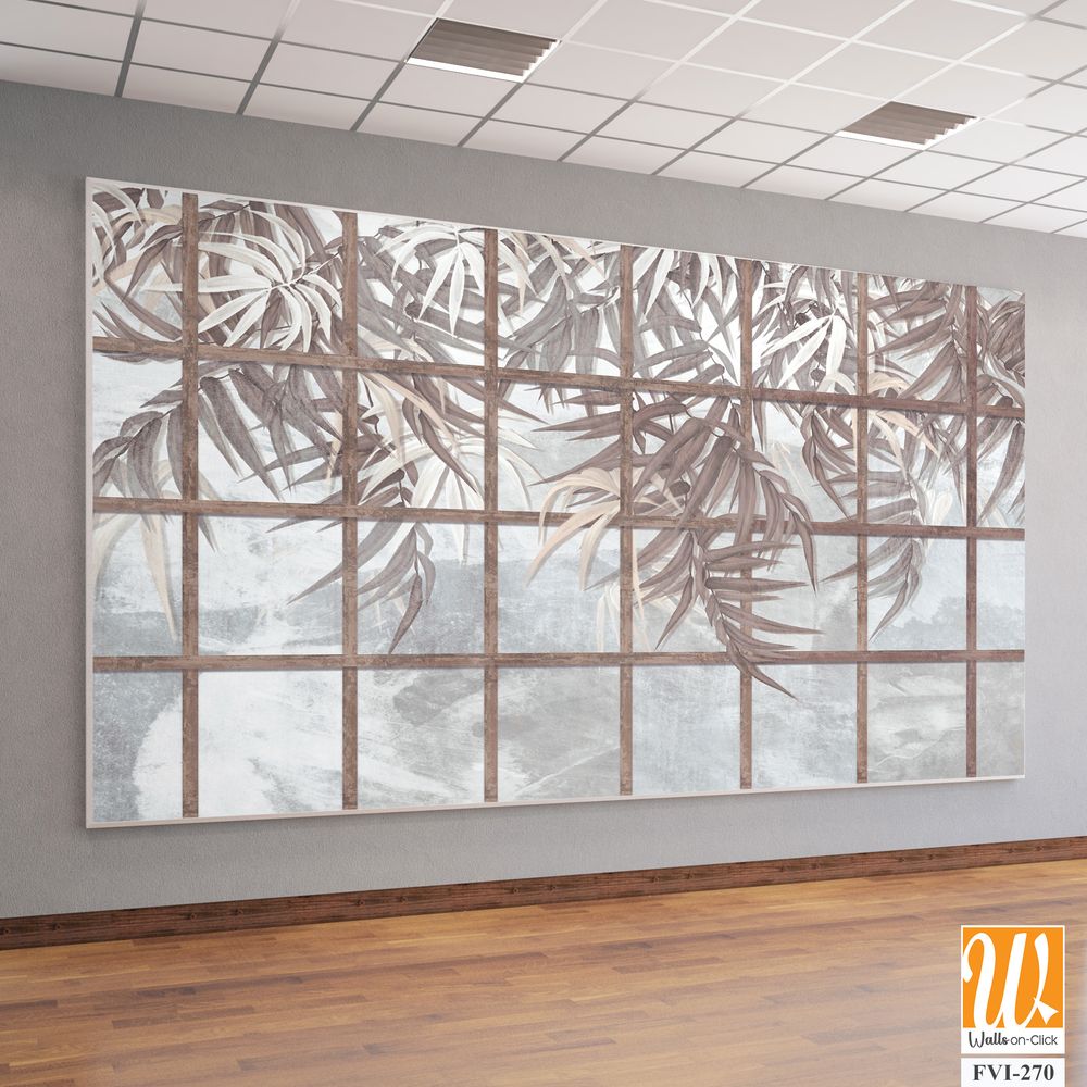 Tropical leaves among wooden old shutters, leaves hang down from top to bottom, photo wallpaper for the interior of a room or institution [WP-FVI-270]