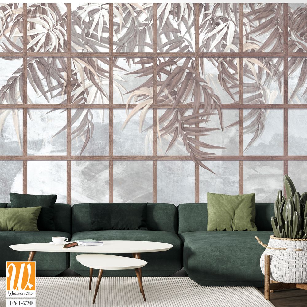 Tropical leaves among wooden old shutters, leaves hang down from top to bottom, photo wallpaper for the interior of a room or institution [WP-FVI-270]