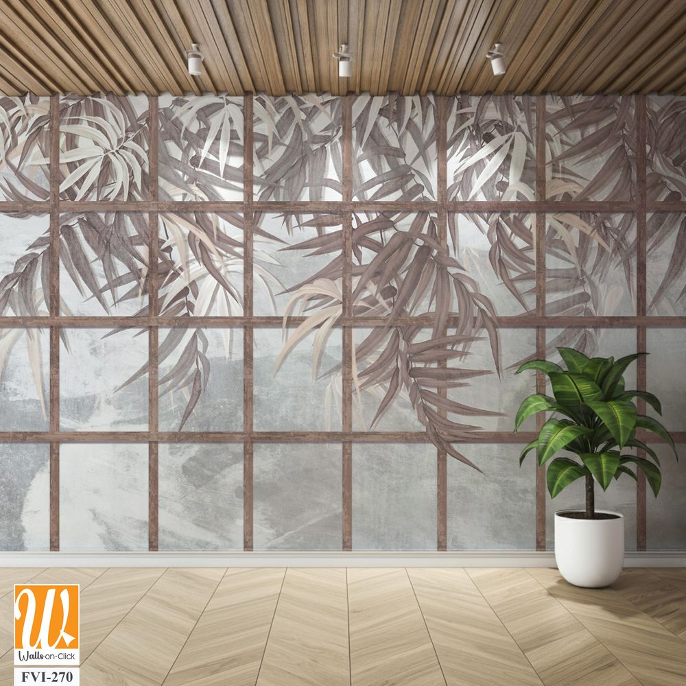 Tropical leaves among wooden old shutters, leaves hang down from top to bottom, photo wallpaper for the interior of a room or institution [WP-FVI-270]