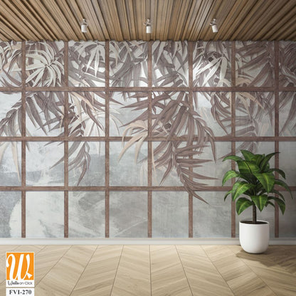 Tropical leaves among wooden old shutters, leaves hang down from top to bottom, photo wallpaper for the interior of a room or institution [WP-FVI-270]