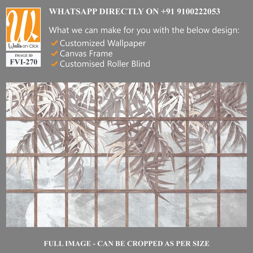Tropical leaves among wooden old shutters, leaves hang down from top to bottom, photo wallpaper for the interior of a room or institution [WP-FVI-270]