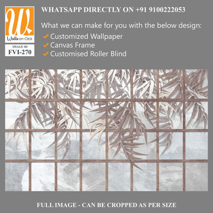 Tropical leaves among wooden old shutters, leaves hang down from top to bottom, photo wallpaper for the interior of a room or institution [WP-FVI-270]