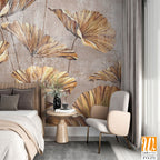 Art painted golden leaves in pastel technique on a texture wall, photo wallpaper in the interior [WP-FVI-272]