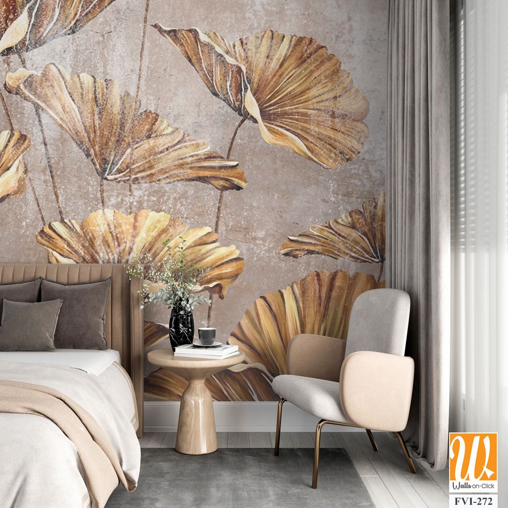 Art painted golden leaves in pastel technique on a texture wall, photo wallpaper in the interior [WP-FVI-272]
