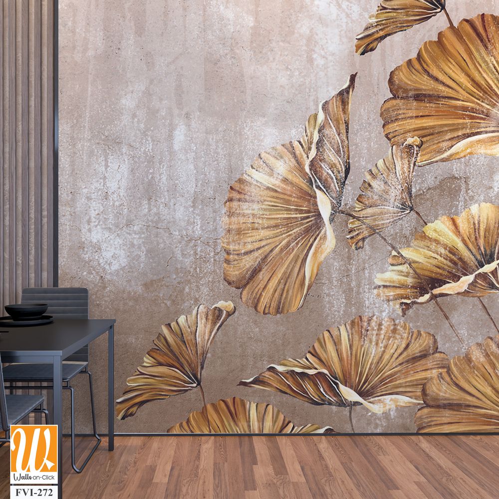Art painted golden leaves in pastel technique on a texture wall, photo wallpaper in the interior [WP-FVI-272]