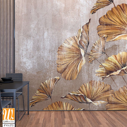 Art painted golden leaves in pastel technique on a texture wall, photo wallpaper in the interior [WP-FVI-272]