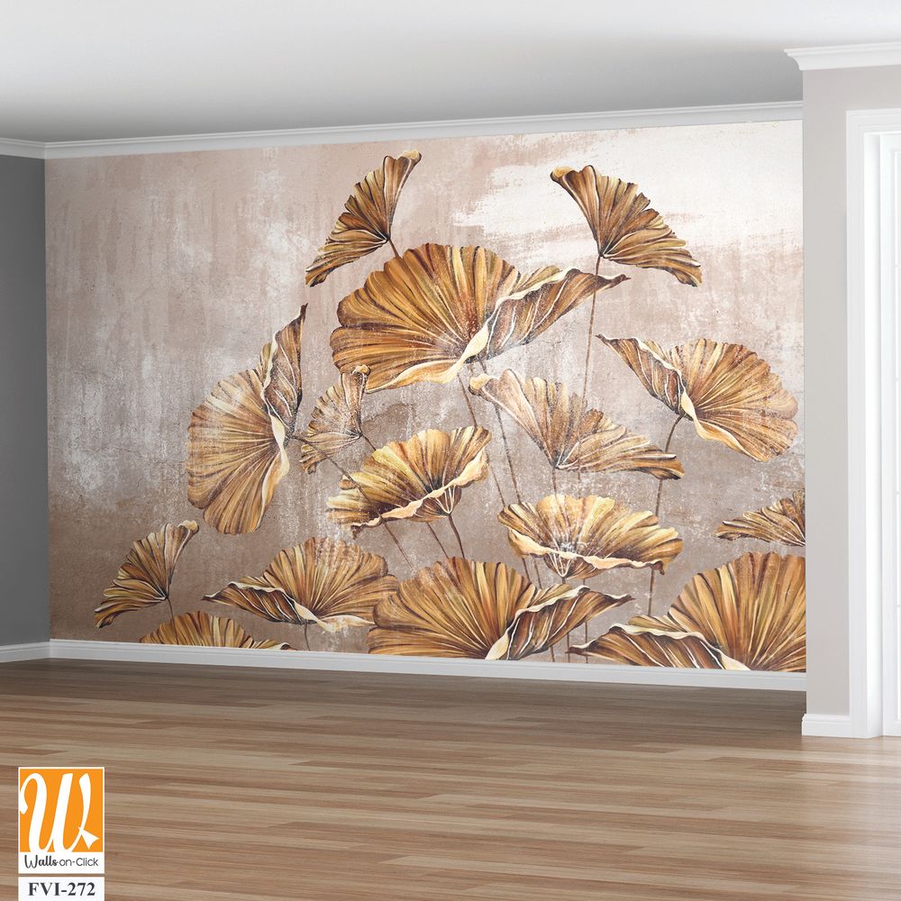 Art painted golden leaves in pastel technique on a texture wall, photo wallpaper in the interior [WP-FVI-272]