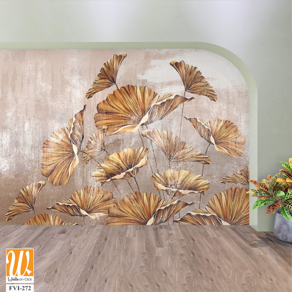 Art painted golden leaves in pastel technique on a texture wall, photo wallpaper in the interior [WP-FVI-272]