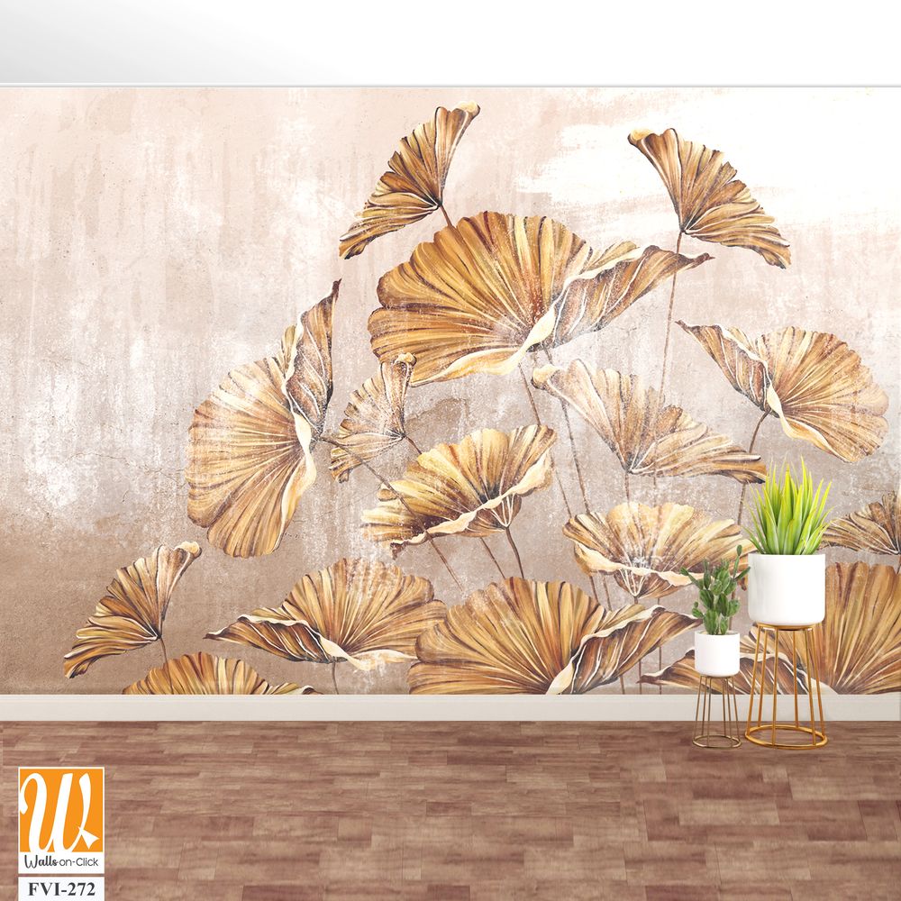 Art painted golden leaves in pastel technique on a texture wall, photo wallpaper in the interior [WP-FVI-272]