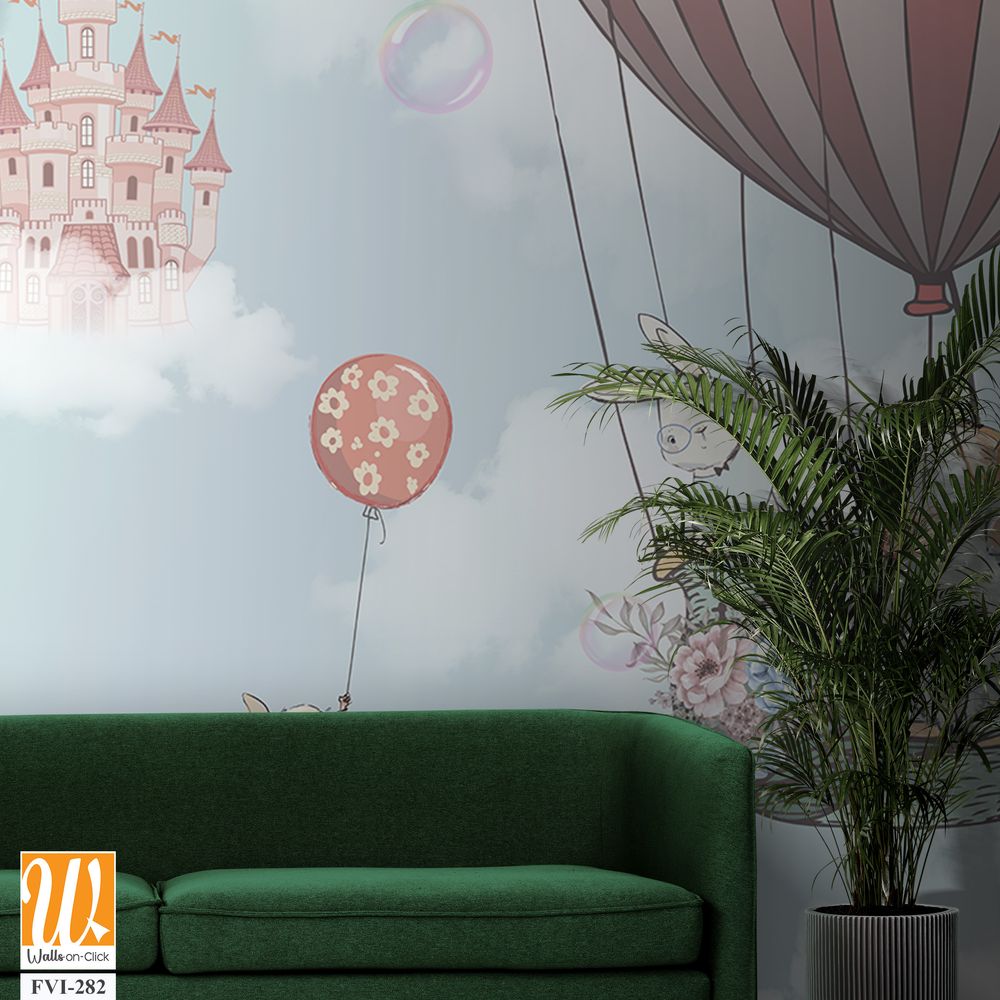 Baby animals in hot air balloons above fluffy clouds [WP-FVI-282]