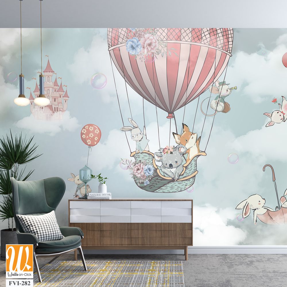 Baby animals in hot air balloons above fluffy clouds [WP-FVI-282]