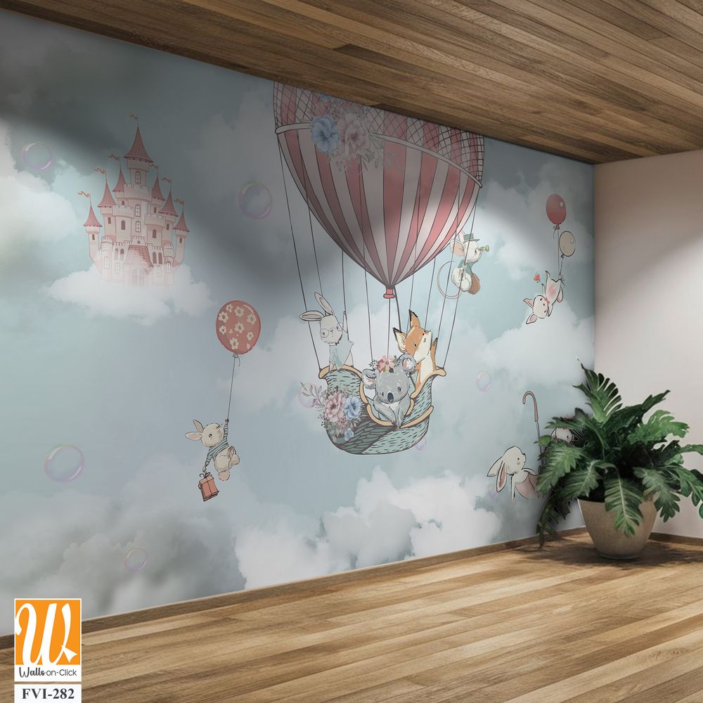 Baby animals in hot air balloons above fluffy clouds [WP-FVI-282]